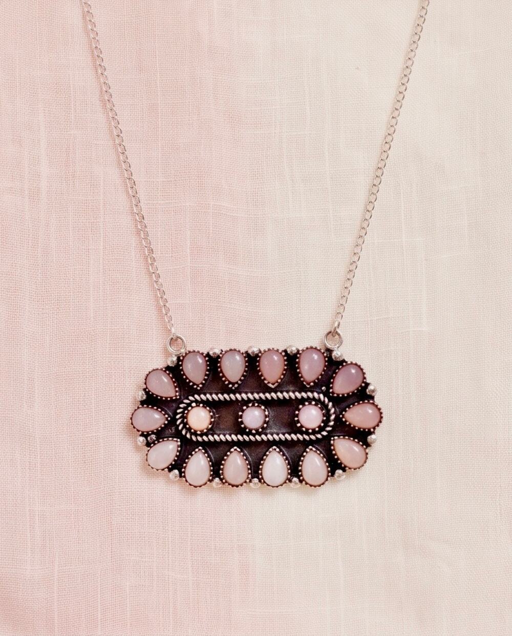 Pink Opal Cluster Oval Necklace Sterling Silver 925 18”